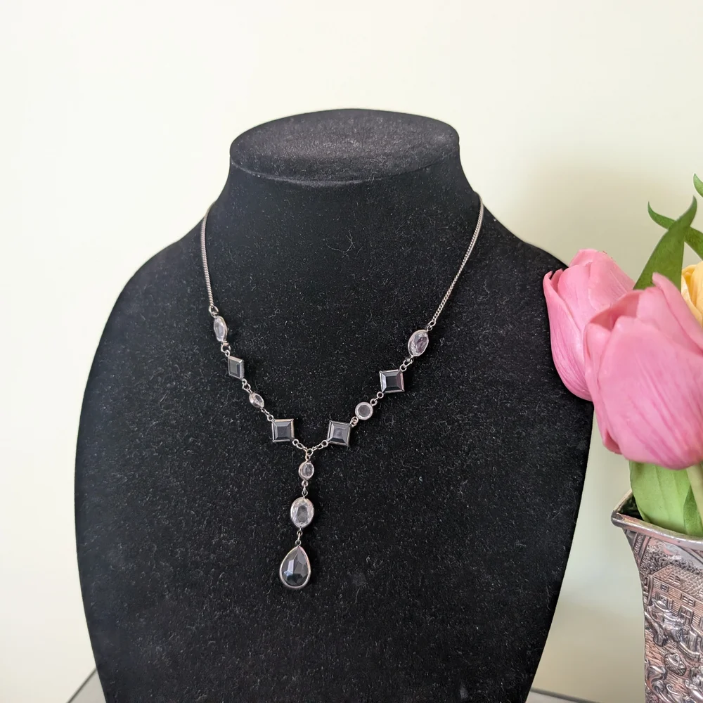 Vintage Silver-Tone Black Crystal Drop Necklace - Picture 9 of 13